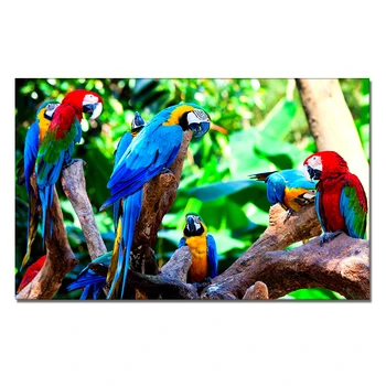 Papagal Colorat Păsări Pe Ramuri De Lemn Peisaj Panza Pictura Animal Poster De Imprimare Poza Perete Pentru Camera De Zi Cuadros Decor