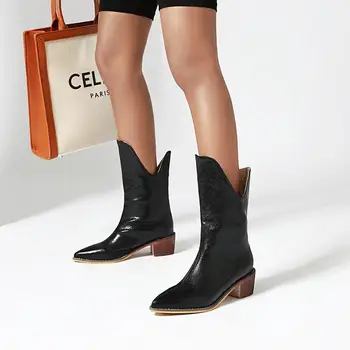 2019 Toamna Iarna Moda Fermiera Cizme Femei Pantofi De Vest Cowboy Glezna Cizme A Subliniat Toe Negri Din Piele Pantofi Pentru Femeie Cizme Cu Toc
