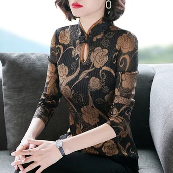 2021 Primavara-Vara pentru Femei Stil Chinezesc Bluze cu Maneca Lunga Stand Guler Topuri Plasă de Imprimare T-shirt Plus Dimensiune 4XL Feminin Blusas