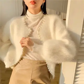 2021 toamna și iarna noua moda doamnelor pearl tricot mâneci lanternă imitatie nurca fleece cardigan pulover jacheta femei