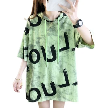 #2634 Stil Coreean Hanorace Tricouri Pentru Femei Plus Dimensiune Scurt Cu Maneci Largi, Din Bumbac Tricou Femei Topuri De Vara Verde Galben Alb