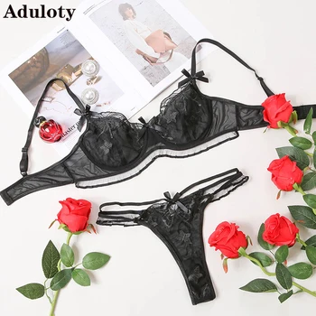 Aduloty Nou Sexy pentru Femei Lenjerie de corp Rafinat Broderie de Flori Arc Perspectivă Tentația de Lenjerie Erotica Două Bucata Set
