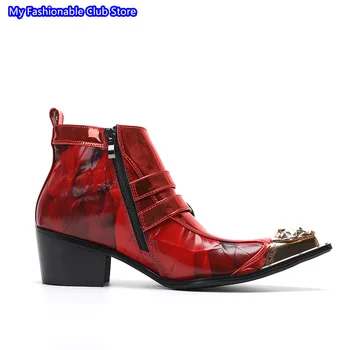 income celebration Faithfully Reducere Barbati din piele de brevet roșu de vest cizme toc gros cizme de  iarna pentru barbati de aur de metal de la picior etapă pantofi stil  britanic cataramă pantofi | en-gros ~