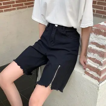 Blugi pentru Femei de Vară Vrac Negru cu Fermoar Cool Design Streetwear Genunchi Lungime Epocă Harajuku Elegant Elevii de Toate-meci Pantaloni