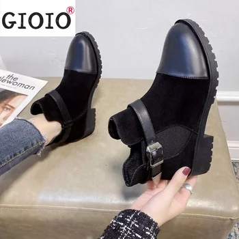 Chelsea Pantofi pentru Femei Cizme Martin 2021 femei de Iarnă, Cizme de piele de Căprioară Stil Britanic Toc Gros Catarama Cizme Scurte de Mari Dimensiuni 43
