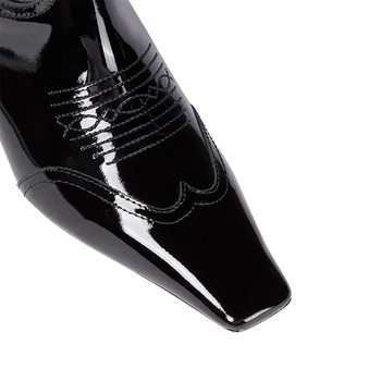 Designer de Brand Toamna și Iarna Cizme din Piele Pantofi Femei Glezna Cizme Negre din Piele de Brevet Mid-Cizme cu toc pentru Femei