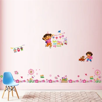 Dora The Explorer Cu Flori Autocolante de Perete Pentru Camera Copii Șipci Decor Acasă Desene animate Pepinieră de Artă Murală Copii Decalcomanii