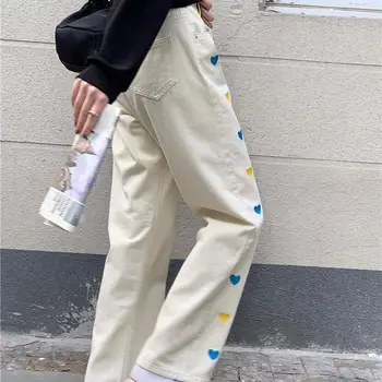 HOUZHOU Harajuku Casual Bej Blugi Femei Y2k Stil coreean Toamna Liber Talie Mare Largi Picior Pantaloni din Denim de sex Feminin Broderie