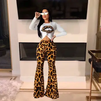 Leopard De Imprimare De Două Bucata Set Femei Casual Cu Maneci Scurte T-Shirt Crop Top + De Înaltă Talie Pantaloni Flare Costum Costum De Trening