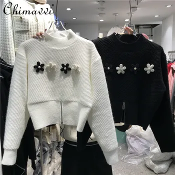 Noi coreea Style Moda Streetwear Stand Guler pulover Pulover Femei 2022 Toamna-Iarna Scurte Fermoar 3D Flori Șirag de mărgele de Top Tricotate