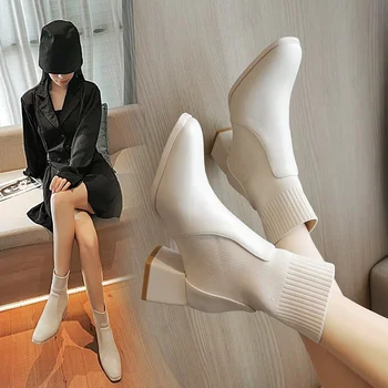 Primavara/Toamna 2021 Nou de lux Cizme pentru Femei de Moda GLEZNA, Toc Patrat Pantofi cu Toc pentru Femei de Înaltă Calitate, Cizme Femei