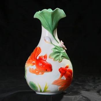 Retro Ceramica Chineză de Aur Iubitorii de Pește Relief Vaza de Flori Decorative din Portelan Lotus Vas de Porțelan Ornament Cadou și Ambarcațiuni