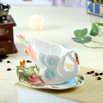 Swan Cani De Cafea Cu Farfurioare Linguri Email Colorat Ceașcă De Porțelan, Mic Dejun Termică Ceai Sticla De Apa De Crăciun Brithaday Cadou