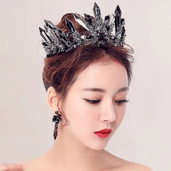 Vintage Baroc Cristal Negru Coroane Supradimensionat Regina Bentita Diademe Coroana Nunta Pălării De Păr Accesorii Mireasa Tiara