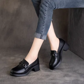 Temptation Don't want input Reducere Primăvara anului 2022 nou stil britanic retro cu toc gros pantofi  pentru femei rotund toe confortabil la mijlocul toc unic de pantofi de moda  de metal mocasini | Pantofi pentru femei ~